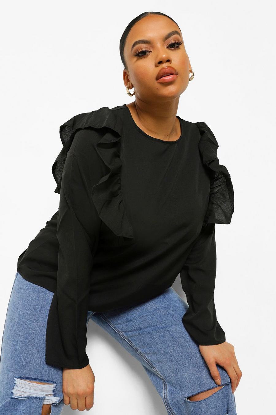Black Plus Ruffle Sleeve Woven Top image number 1