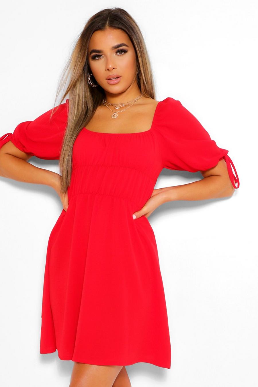 Red Petite Balloon Sleeve Smock Dress image number 1