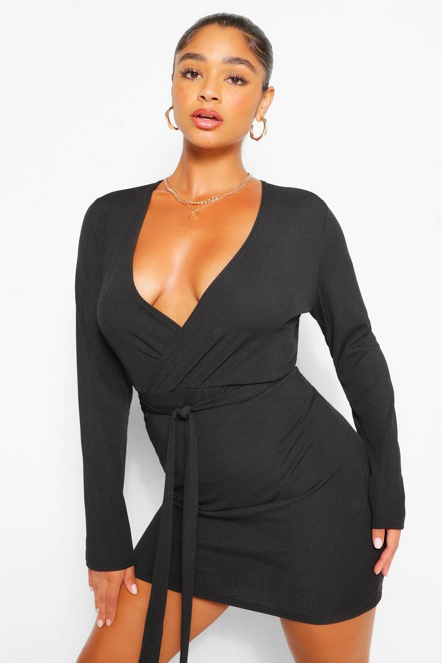 Black Plus Rib Wrap Self Belted Bodycon Dress image number 1
