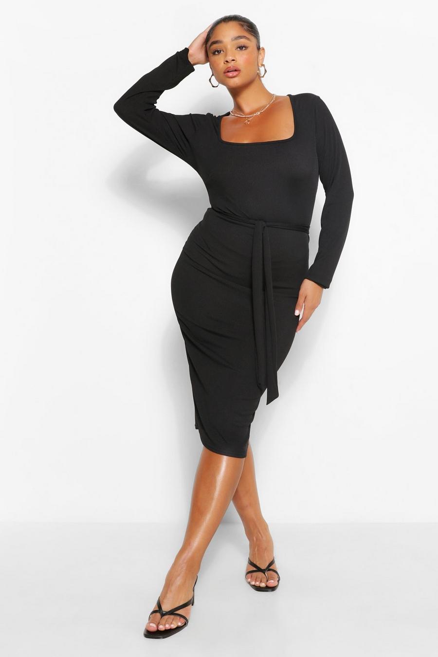 Black Plus - Ribbad midiklänning med fyrkantig halsringning och lång ärm image number 1