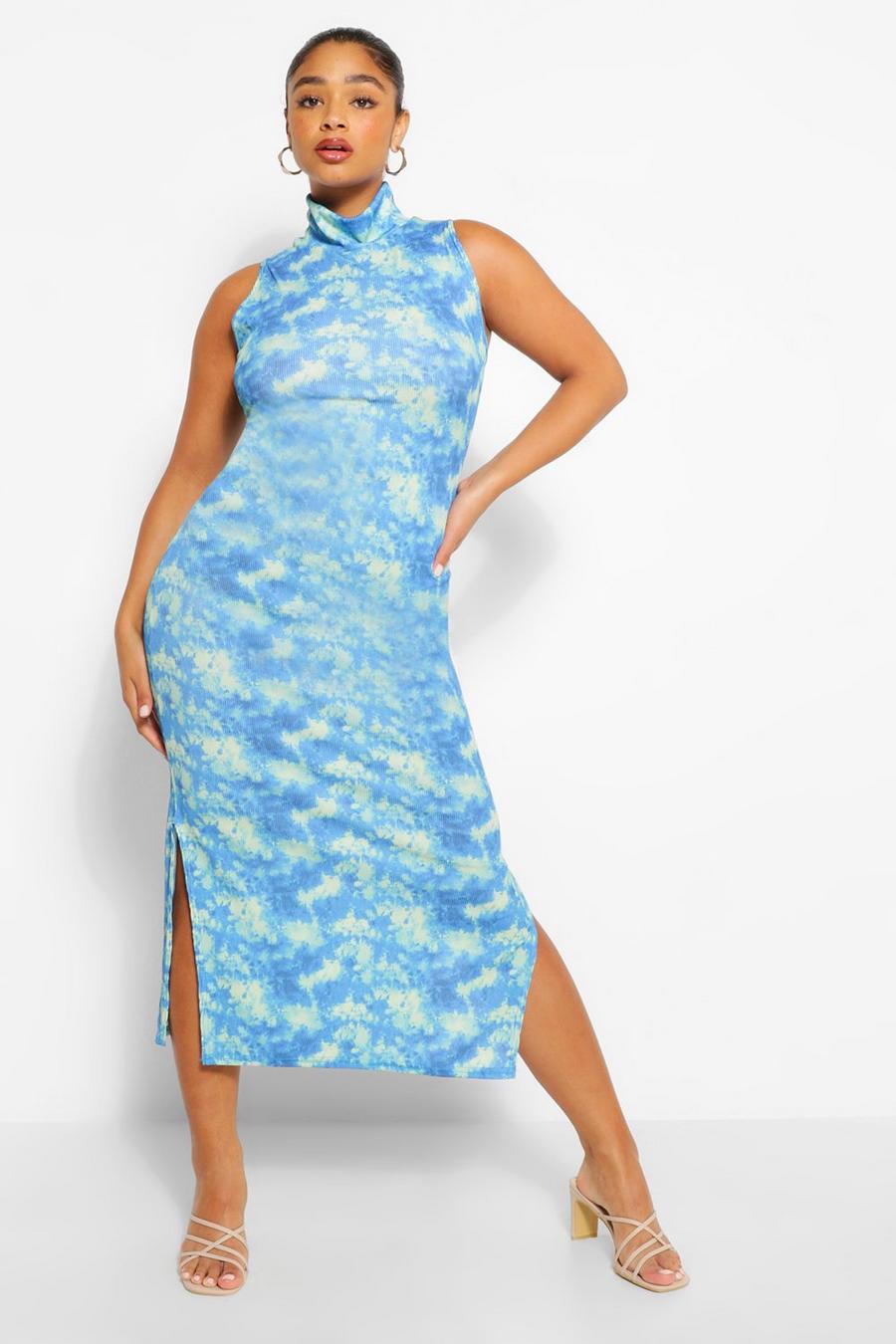 שמלת מידקסי צמודה עם צווארון גבוה בצבעי טאי דיי מידות גדולות image number 1