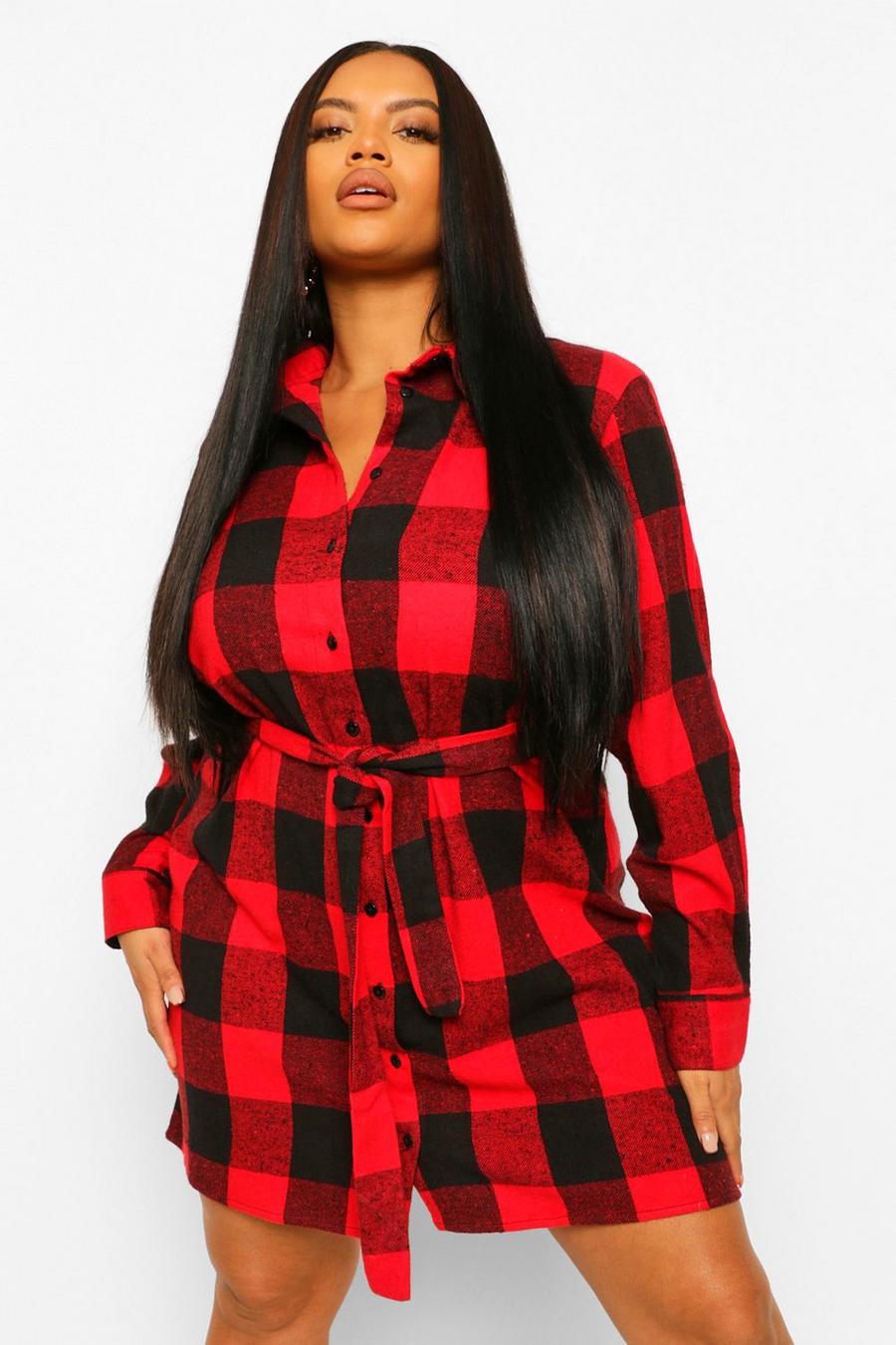 Red Plus Flannel Self Belted Oversized Shirt Dress image number 1