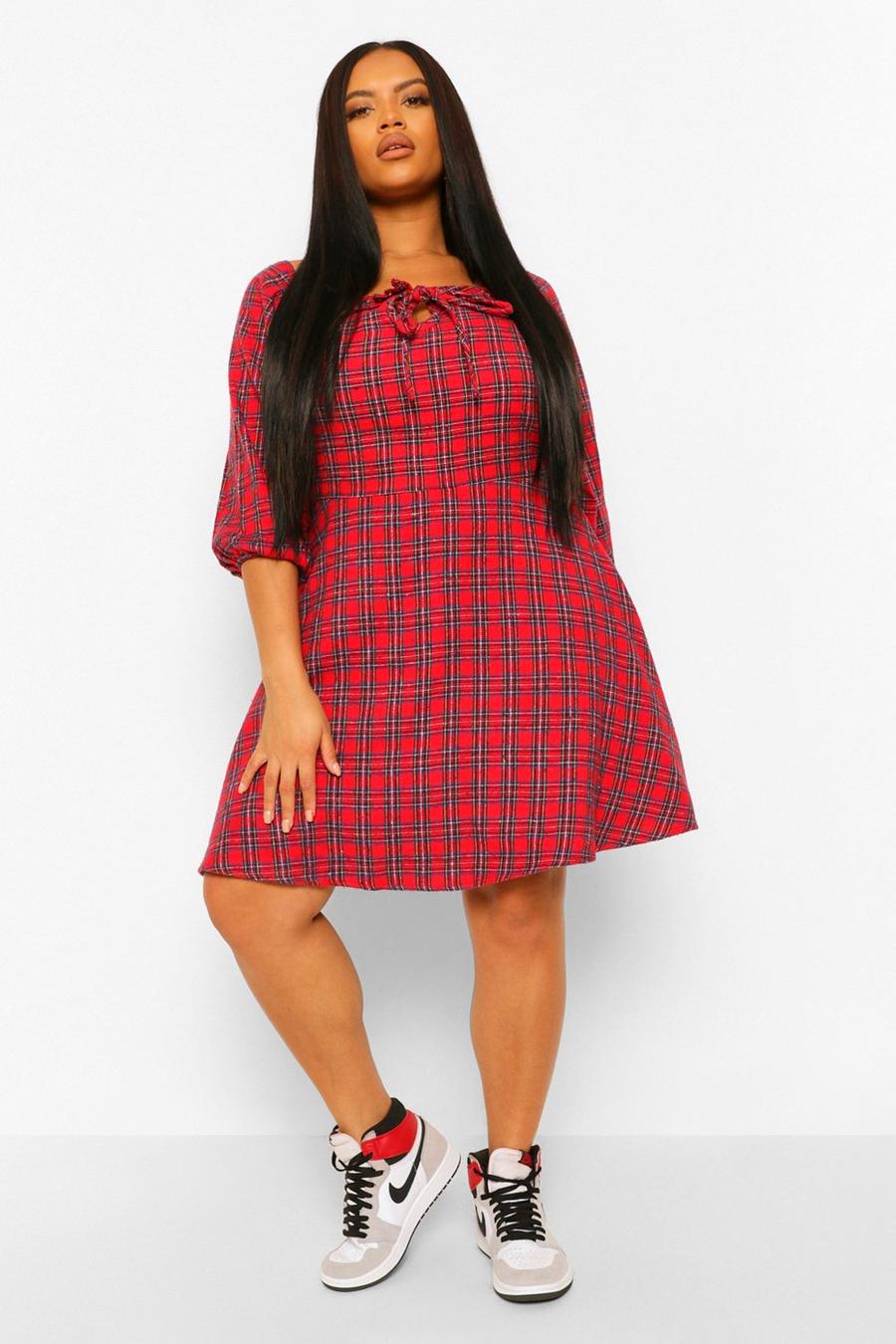 Red Plus Check Puff Sleeve Smock Dress image number 1
