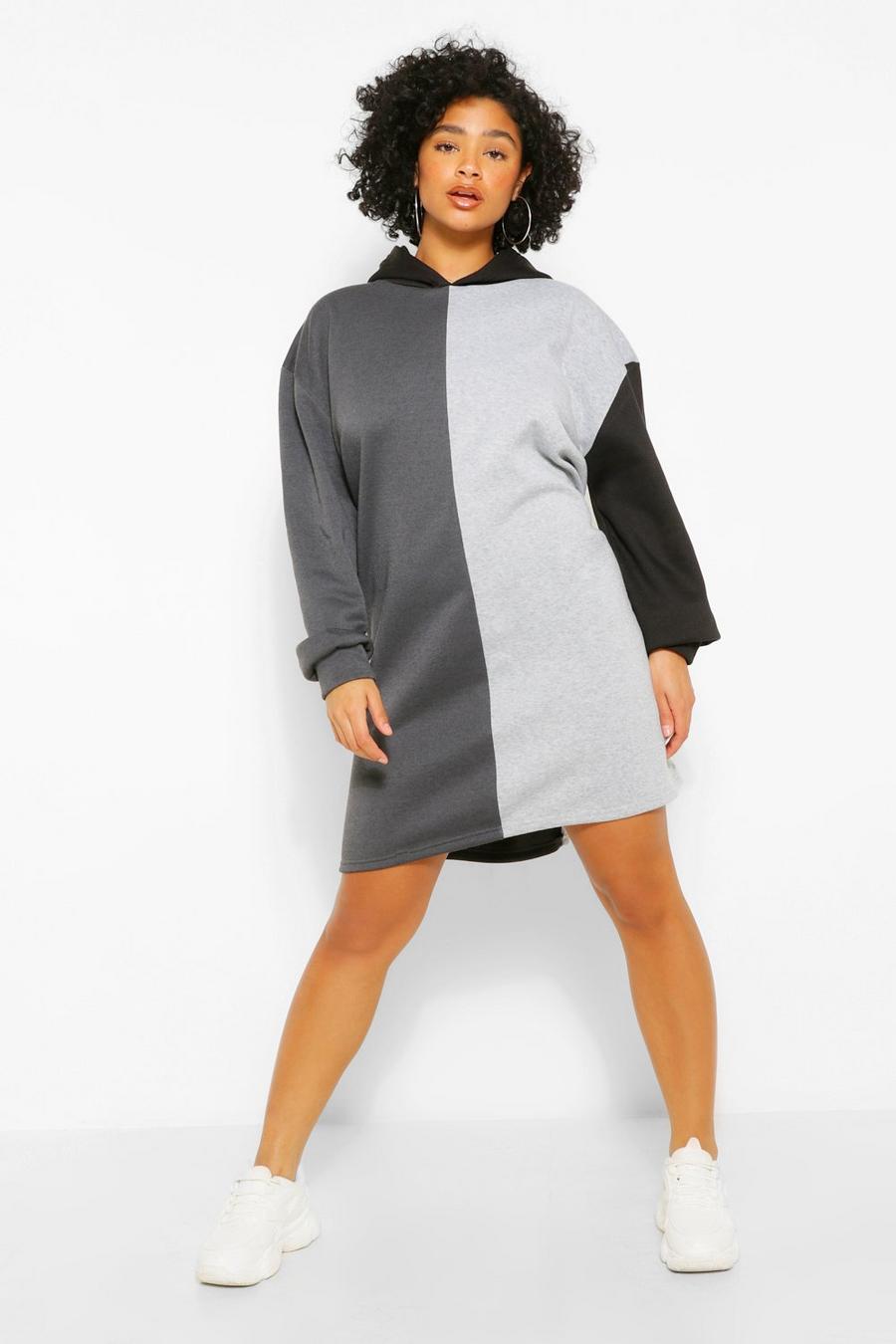 Plus Sweat-Kleid im Colorblock-Design mit Kapuze, Schwarz image number 1