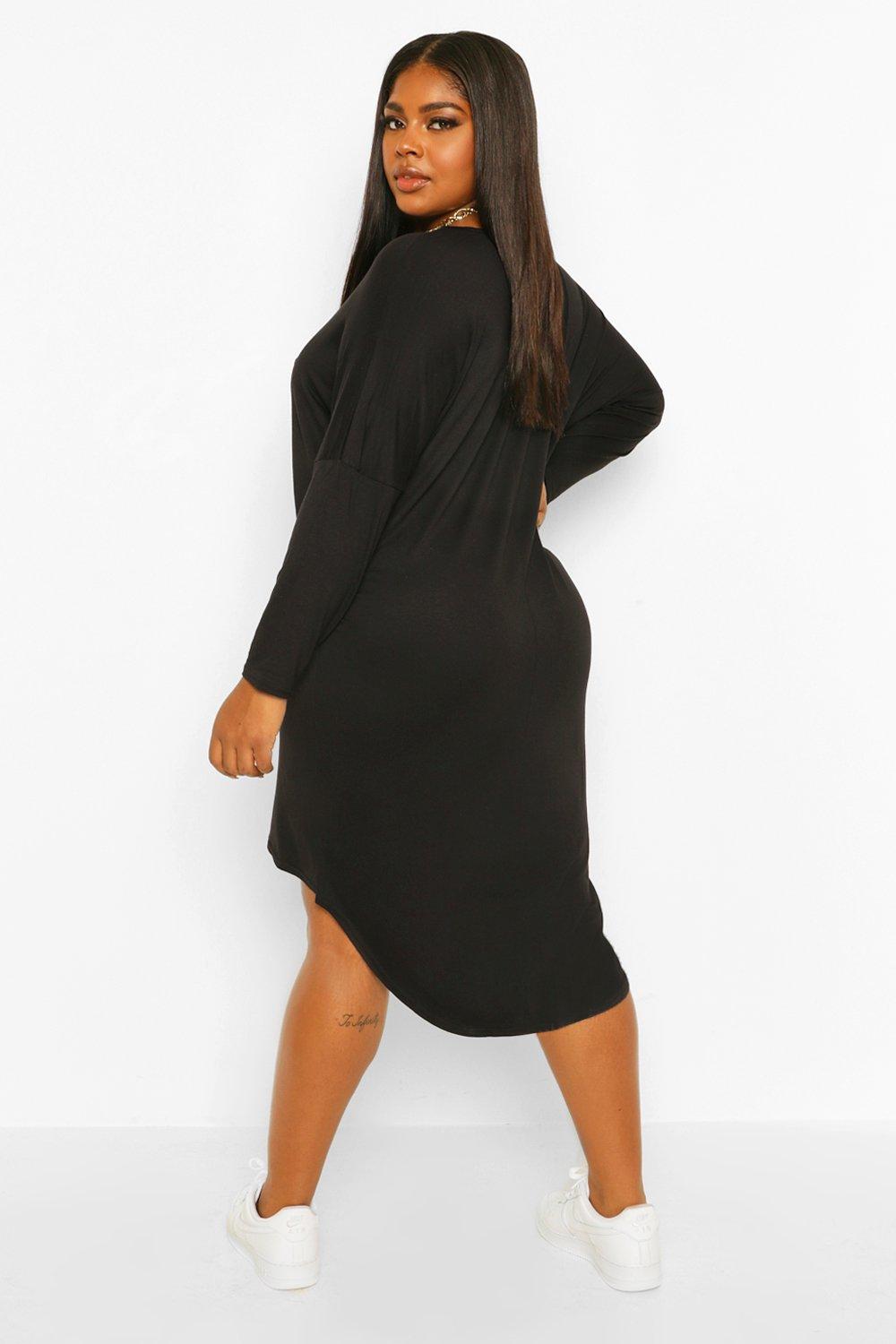 Plus Oversized Batwing Sleeve Dip Hem T Shirt Dress boohoo FI