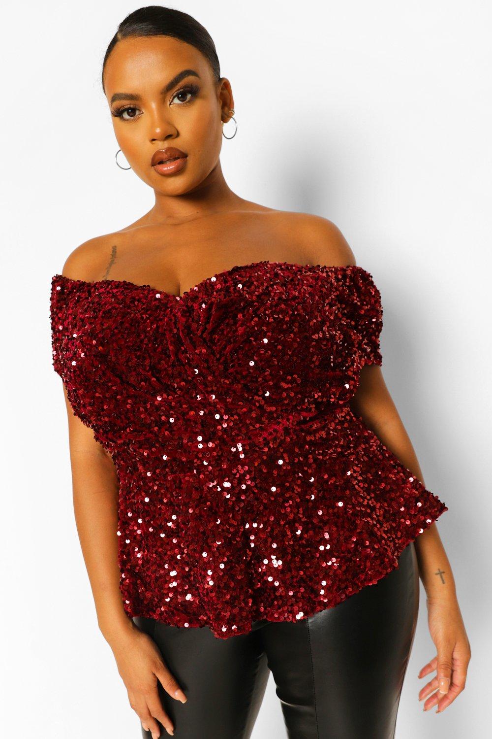 red sequin off the shoulder top