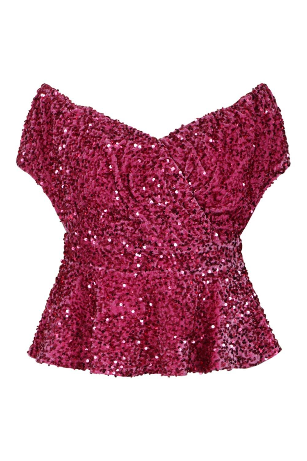 red sequin off the shoulder top