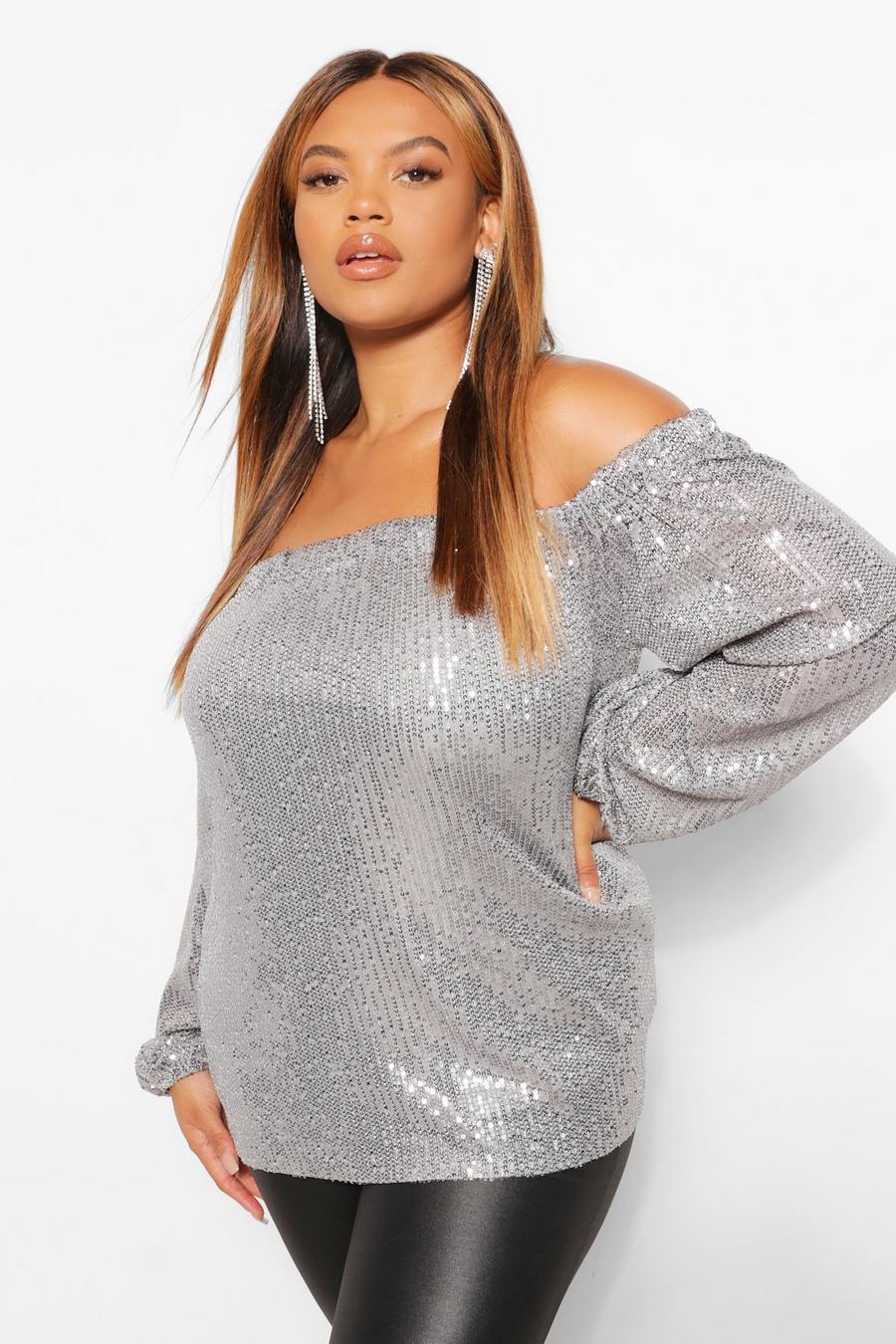 Pewter Plus Sequin Off Shoulder Long Sleeve Top image number 1