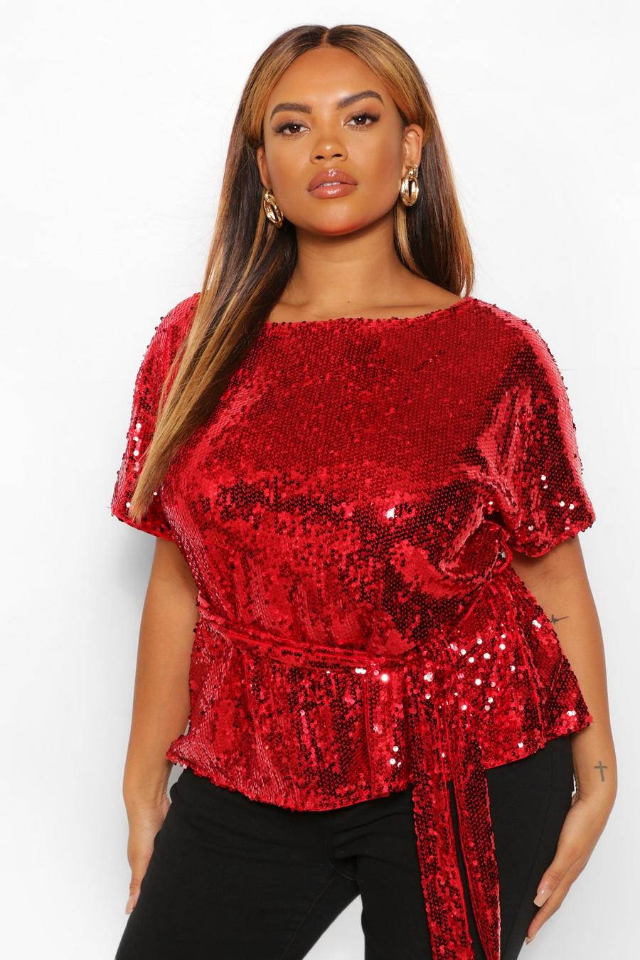 Plus Sequin Belted Peplum Shirt Sleeve Top image number 1
