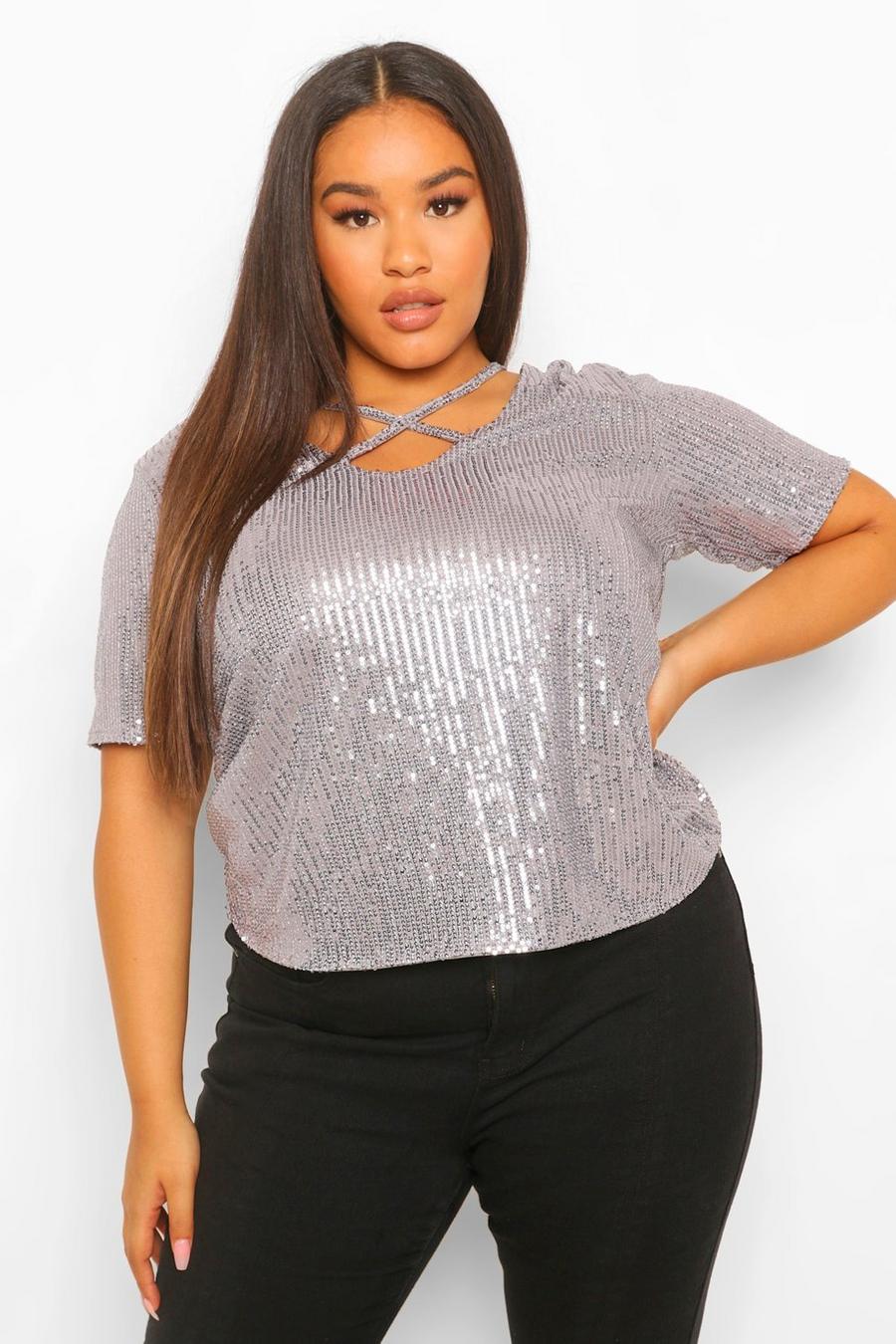 Silver Plus Sequin Cross Strap T-Shirt image number 1