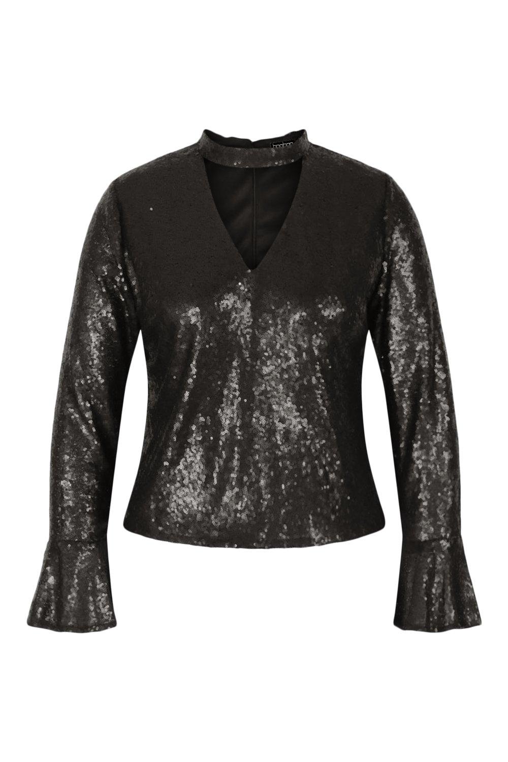 Plus Sequin Choker Neck Long Sleeve Top