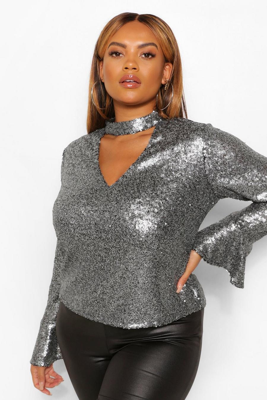 Silver Plus Sequin Choker Neck Long Sleeve Top image number 1