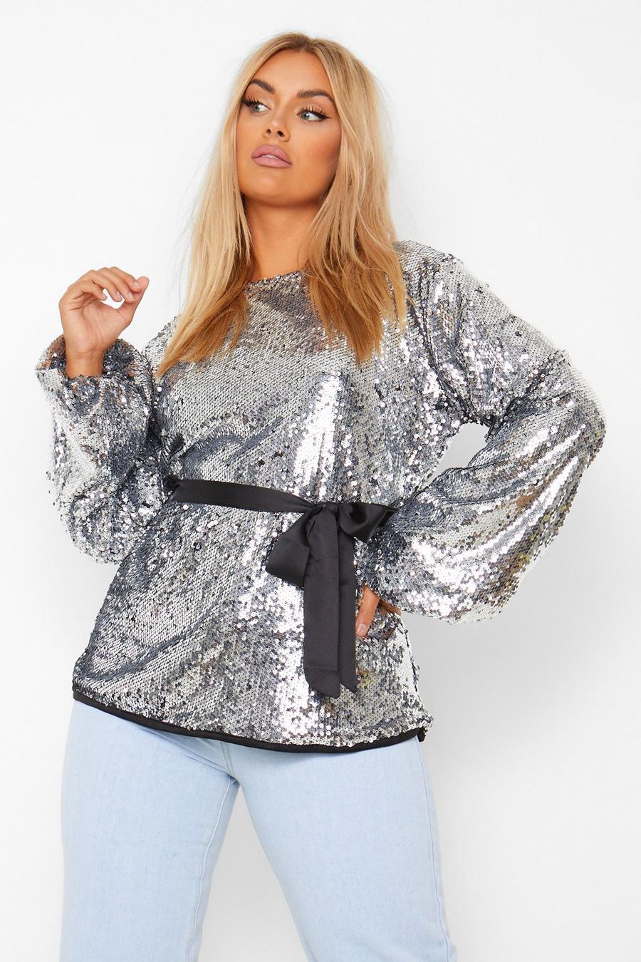 Silver Plus Sequin Slash Neck Belted Balloon Sleeve Top image number 1