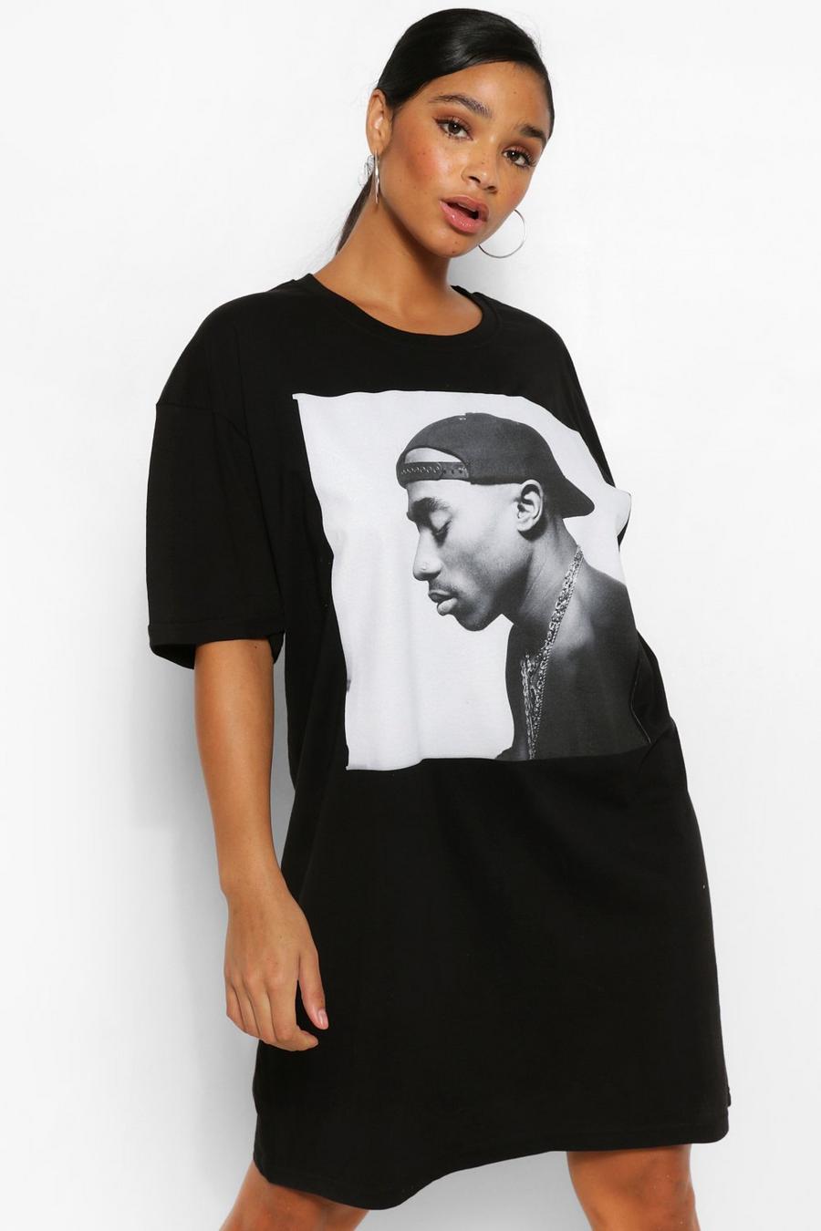 Zwart Plus Gelicenseerde Tupac T-Shirt Jurk image number 1