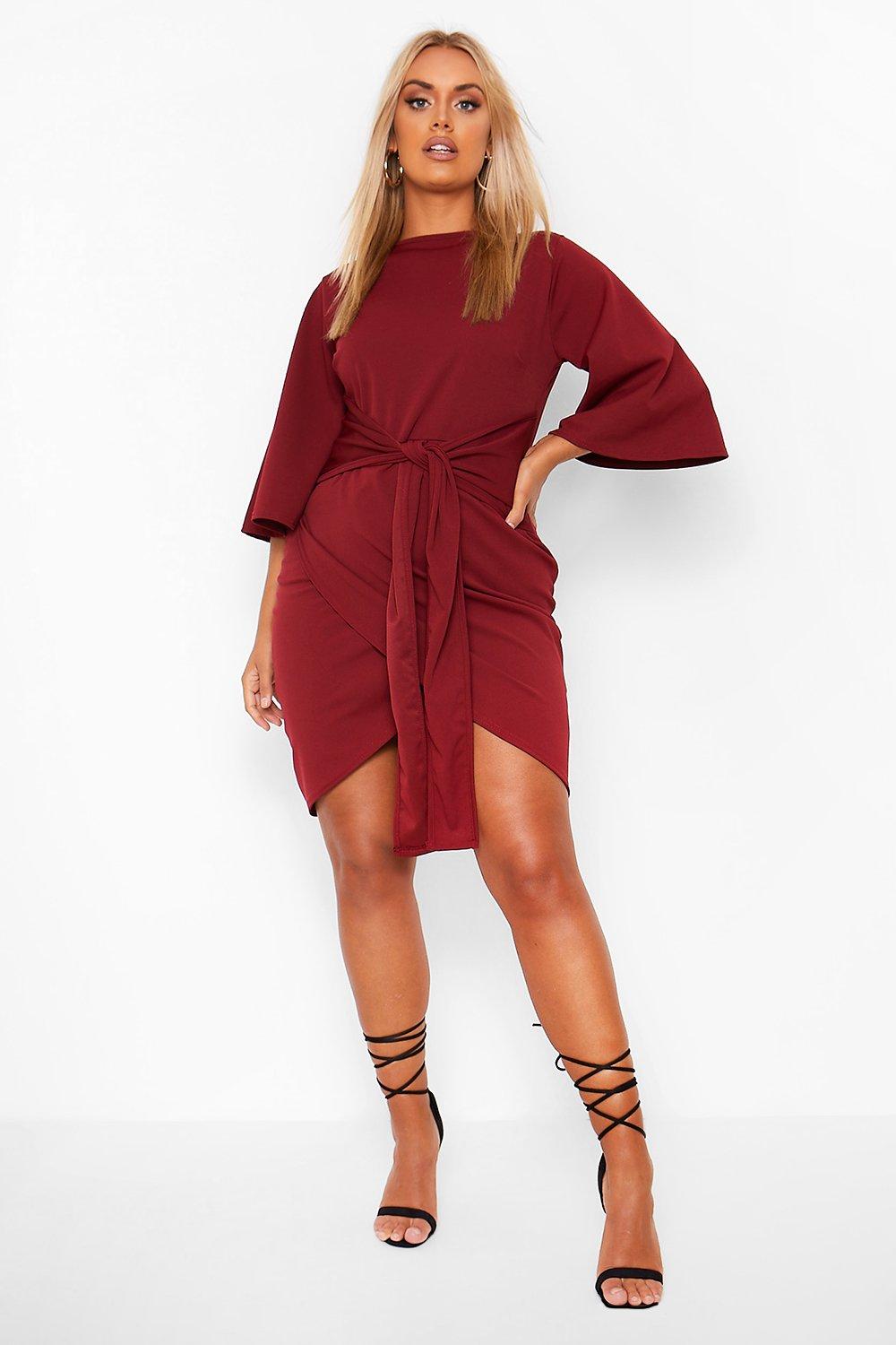 Plus Kimono Sleeve Tie Waist Wrap Dress boohoo FI