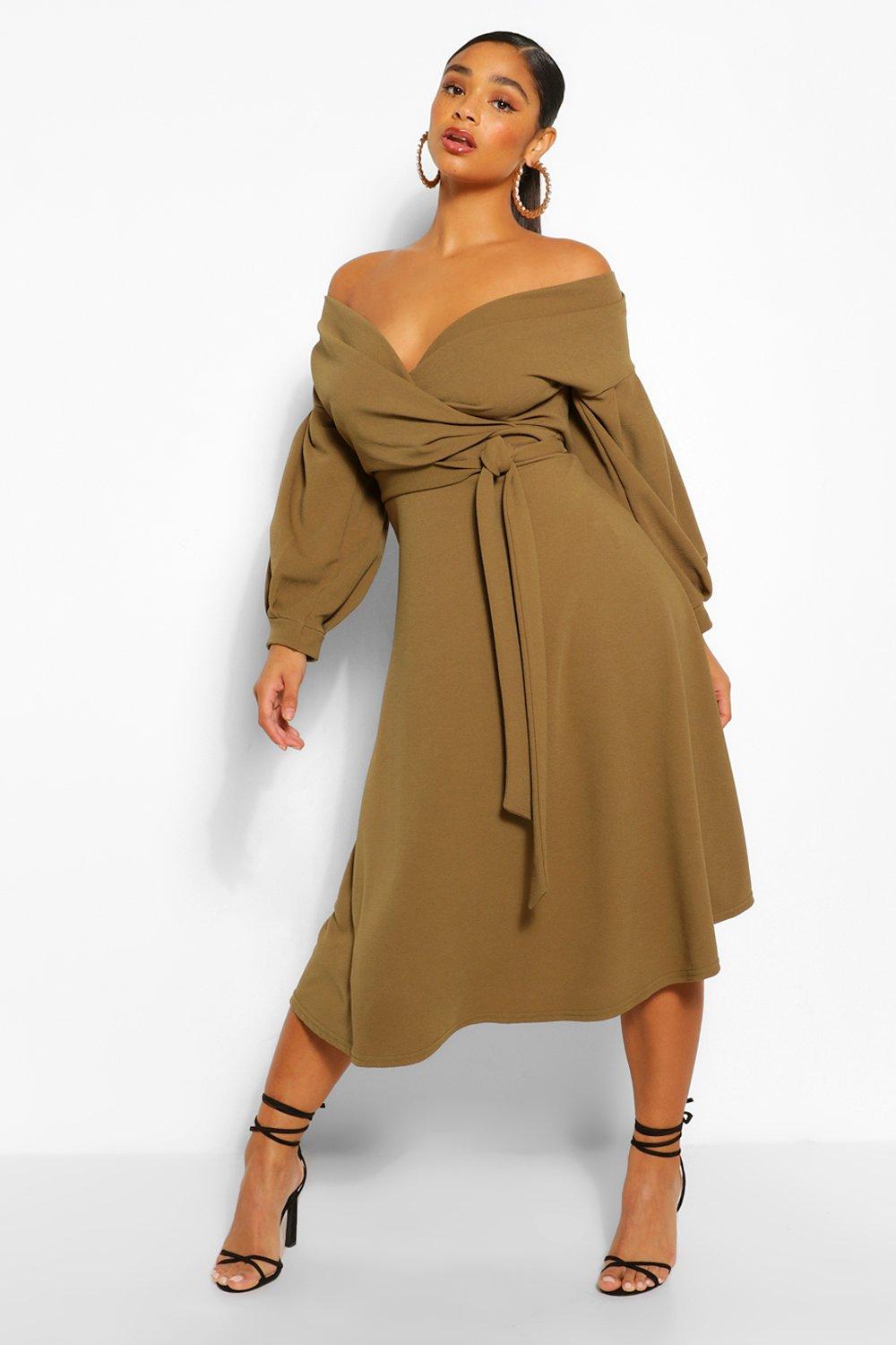 Boohoo off the shoulder wrap midi dress online