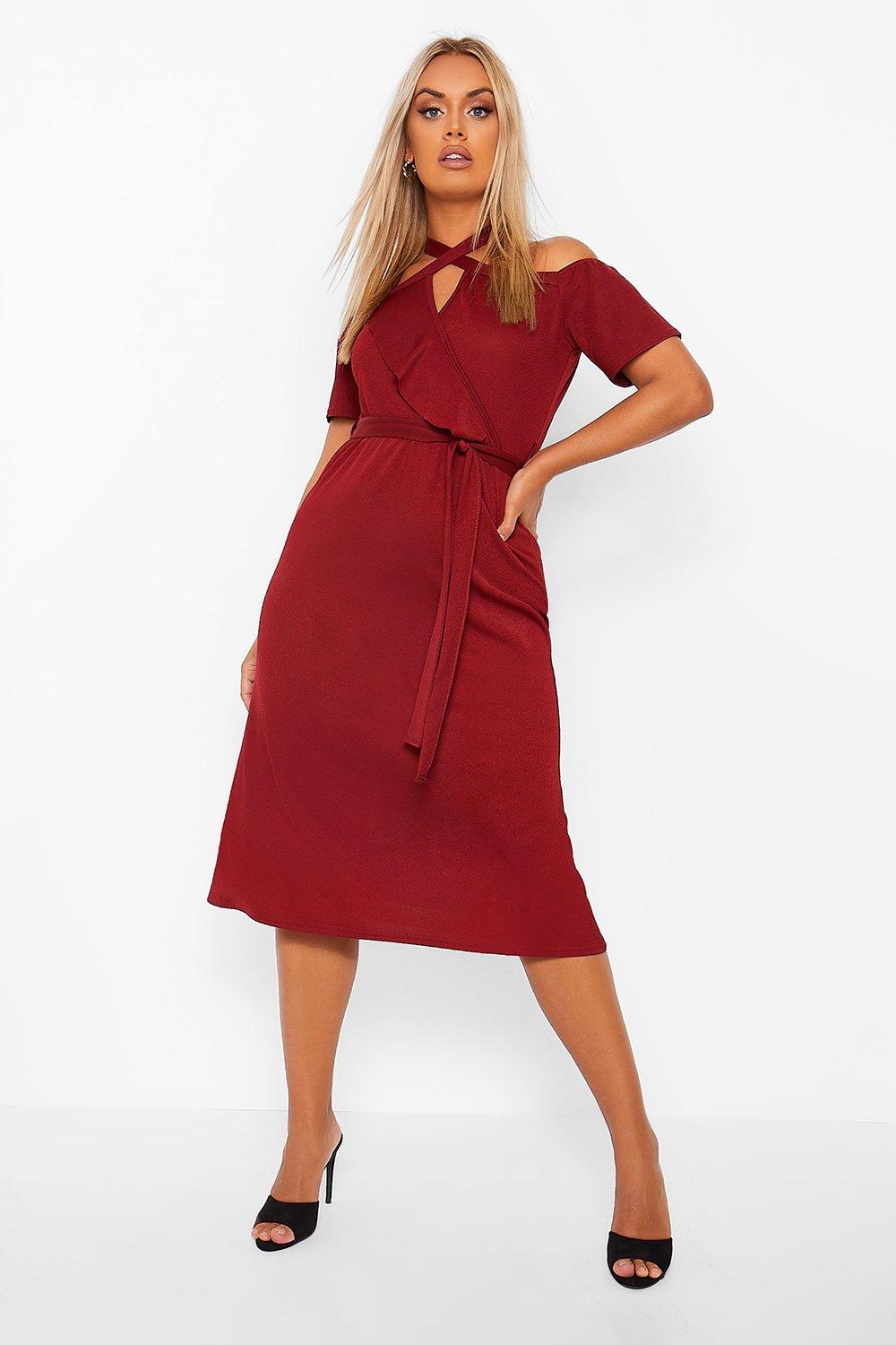 Plus plunge ruffle shop belt midi dress