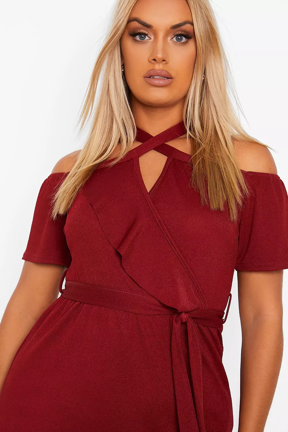 Plus plunge ruffle belt midi outlet dress