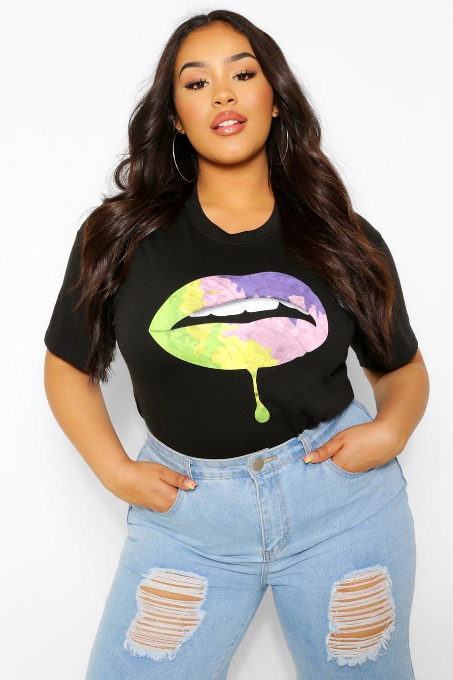 T-shirt Plus Size con labbra in colori arcobaleno, Black image number 1