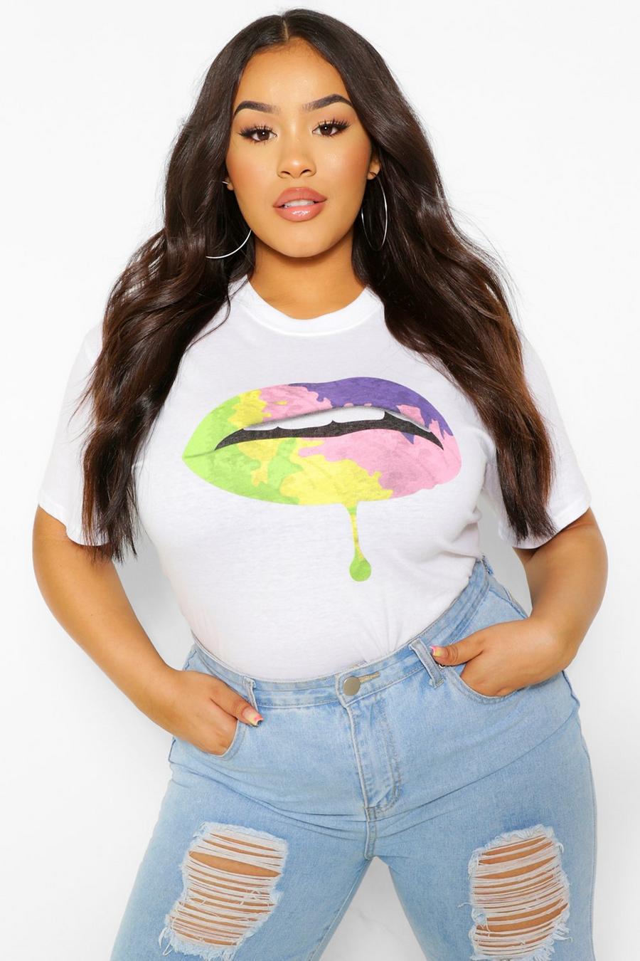 T-shirt Plus Size con labbra in colori arcobaleno, Bianco blanco