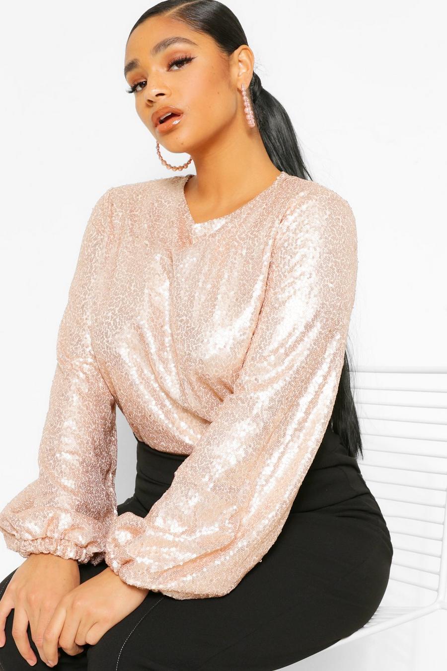 Champagne Plus Sequin Crew Neck Full Sleeve Top image number 1