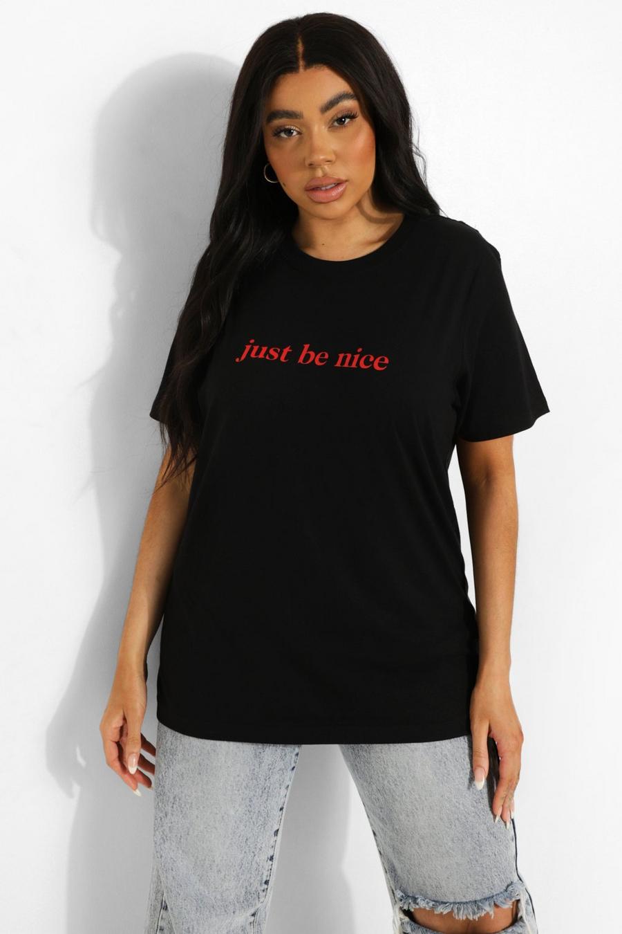 Plus T-Shirt mit Be Nice Slogan, Schwarz noir