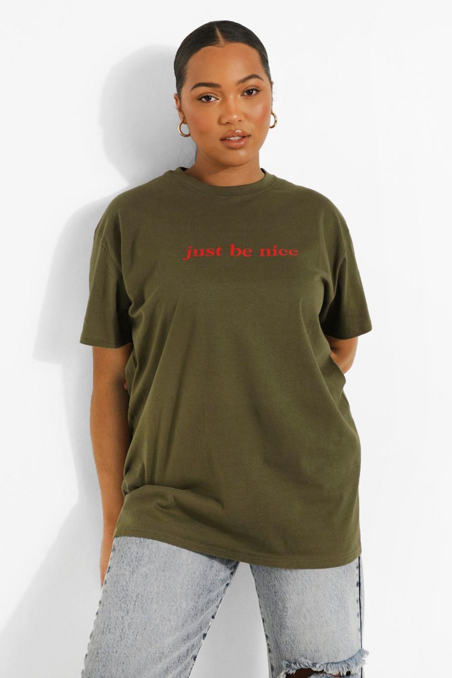 T-shirt Plus Size con slogan Be Nice, Khaki image number 1