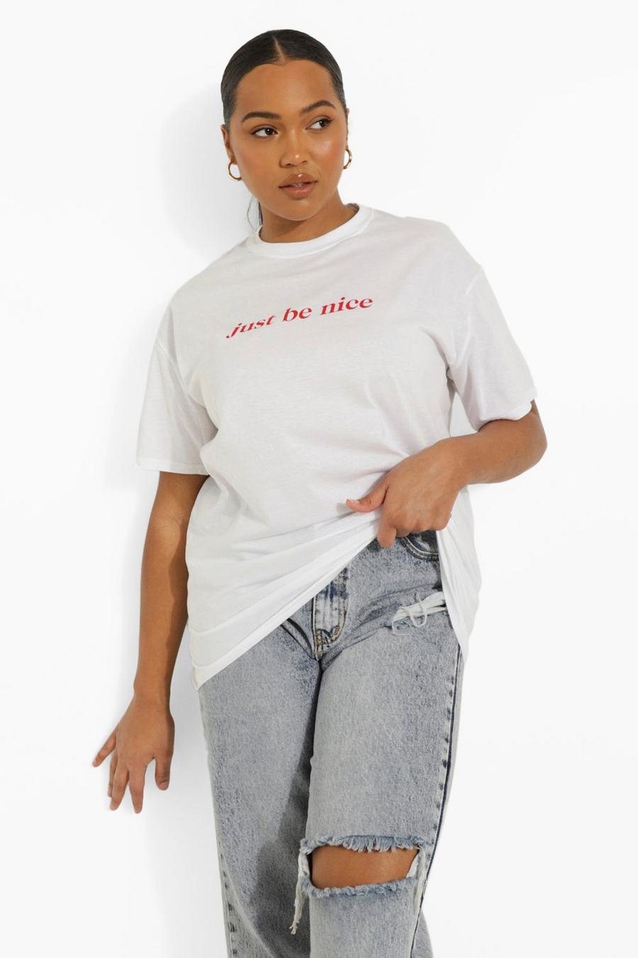 T-shirt Plus Size con slogan Be Nice, White image number 1