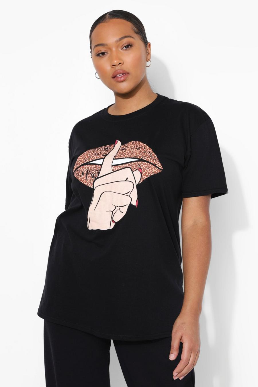 T-shirt Plus Size con labbra con stampa leopardata, Black image number 1