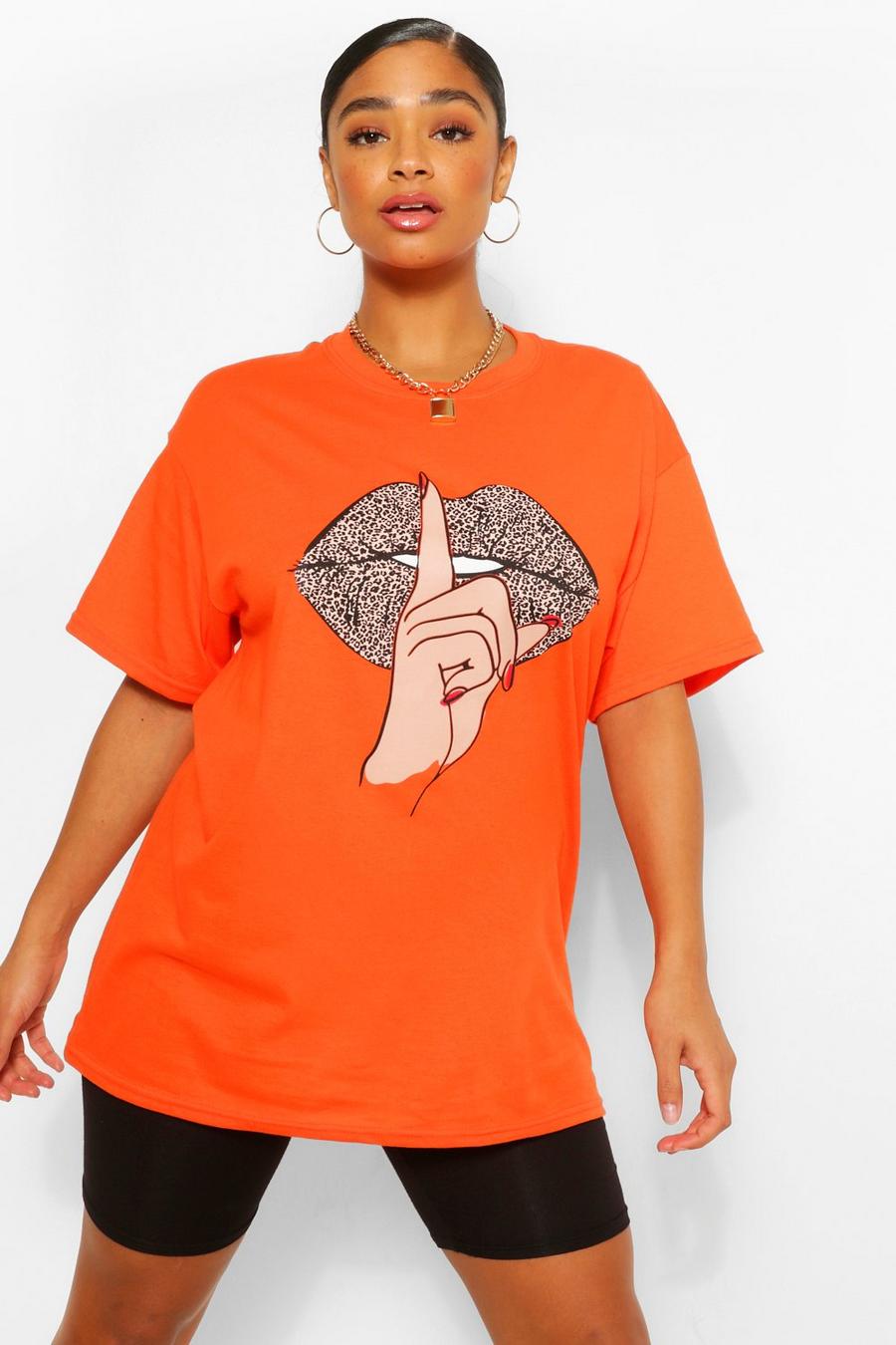 Orange Plus T-shirt med leopardmönstrade läppar image number 1