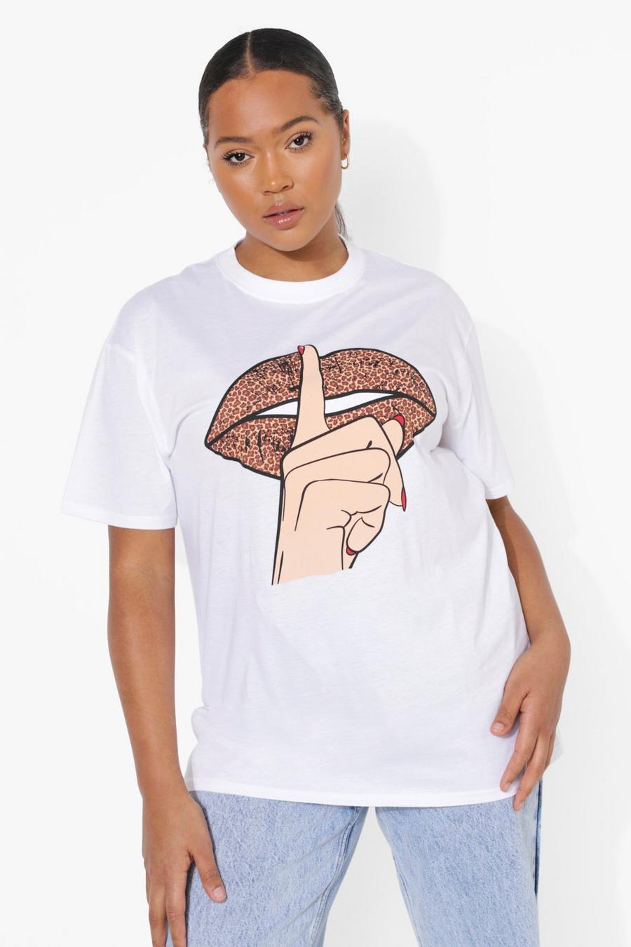 T-shirt Plus Size con labbra con stampa leopardata, Bianco image number 1