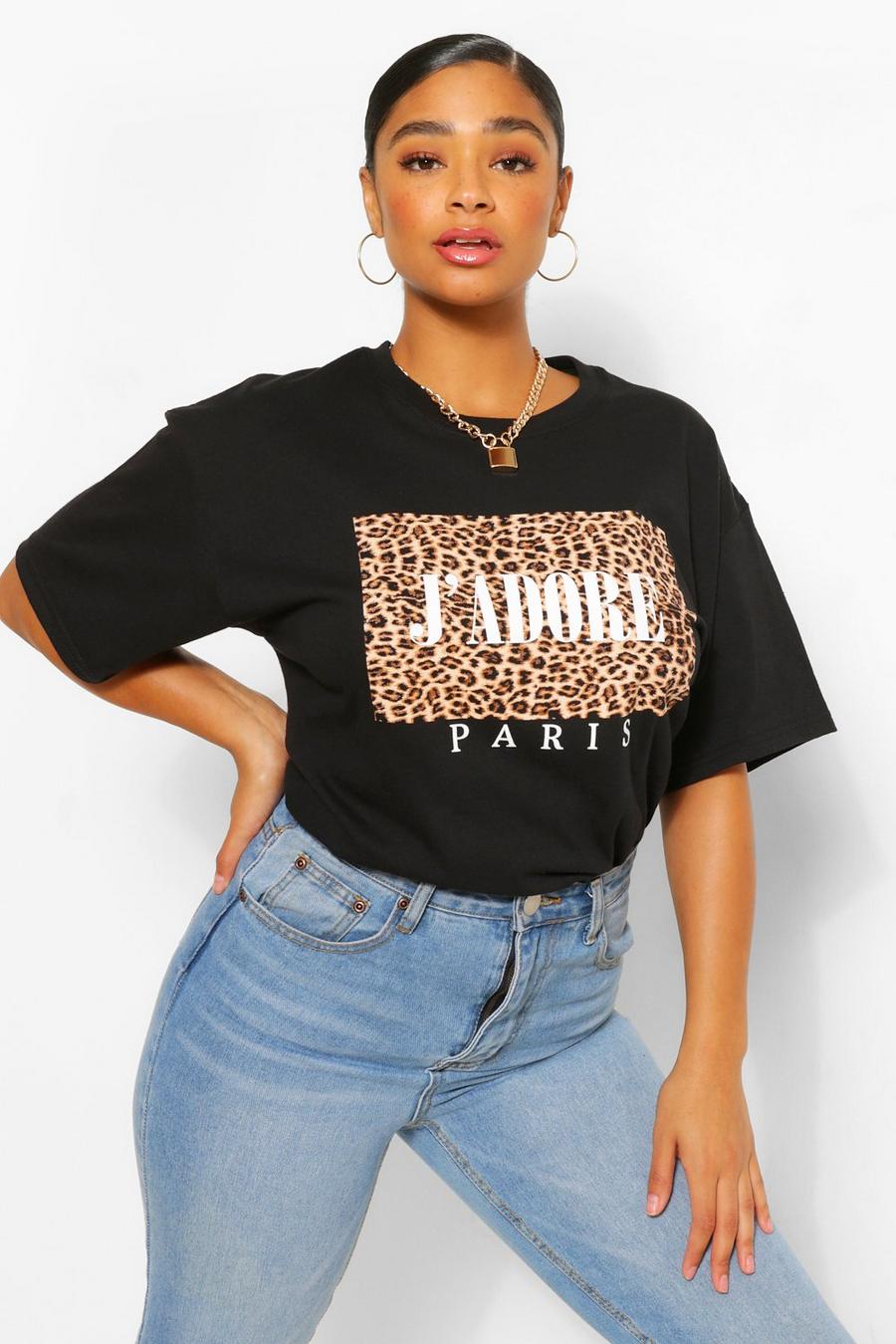 T-Shirt Plus Size con riquadro leopardato e slogan J'Adore, Nero