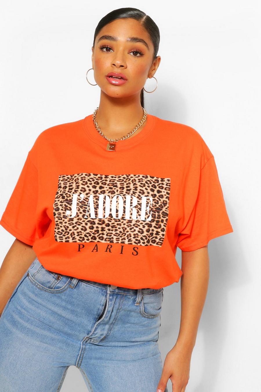 T-Shirt Plus Size con riquadro leopardato e slogan J'Adore, Arancio orange