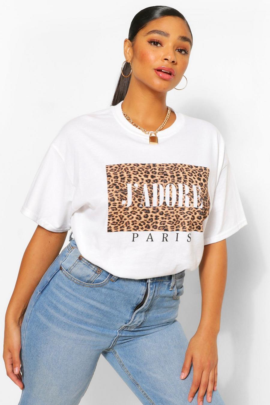 T-Shirt Plus Size con riquadro leopardato e slogan J'Adore, Bianco blanco