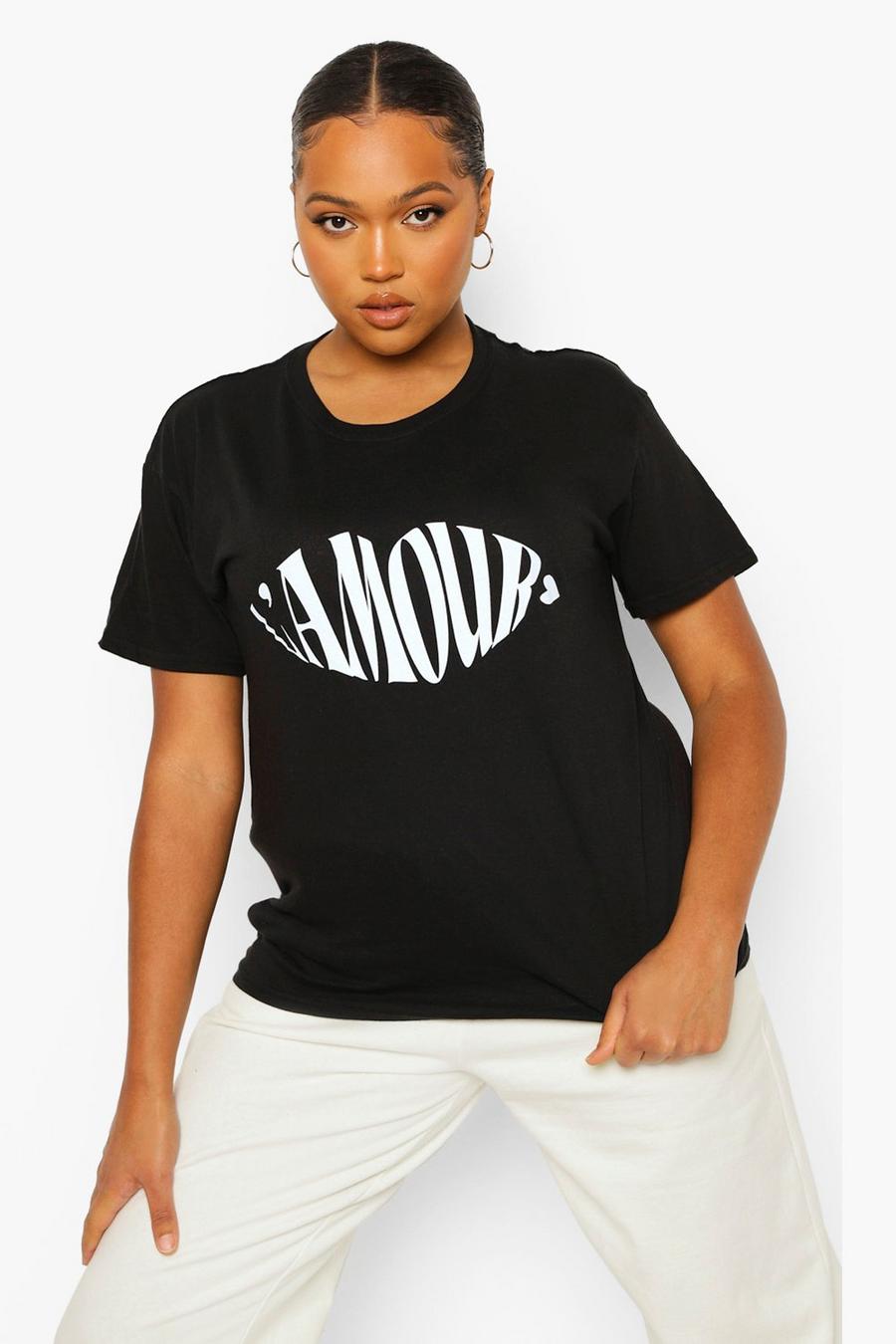 Plus T-Shirt mit L‘Amour Slogan, Schwarz image number 1