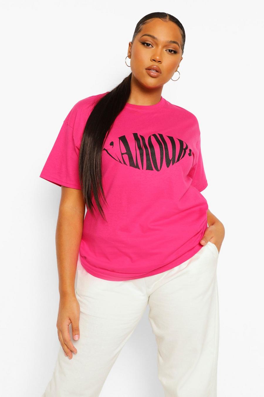 Roze Plus L'Amour T-Shirt Met Tekst En Lippen image number 1