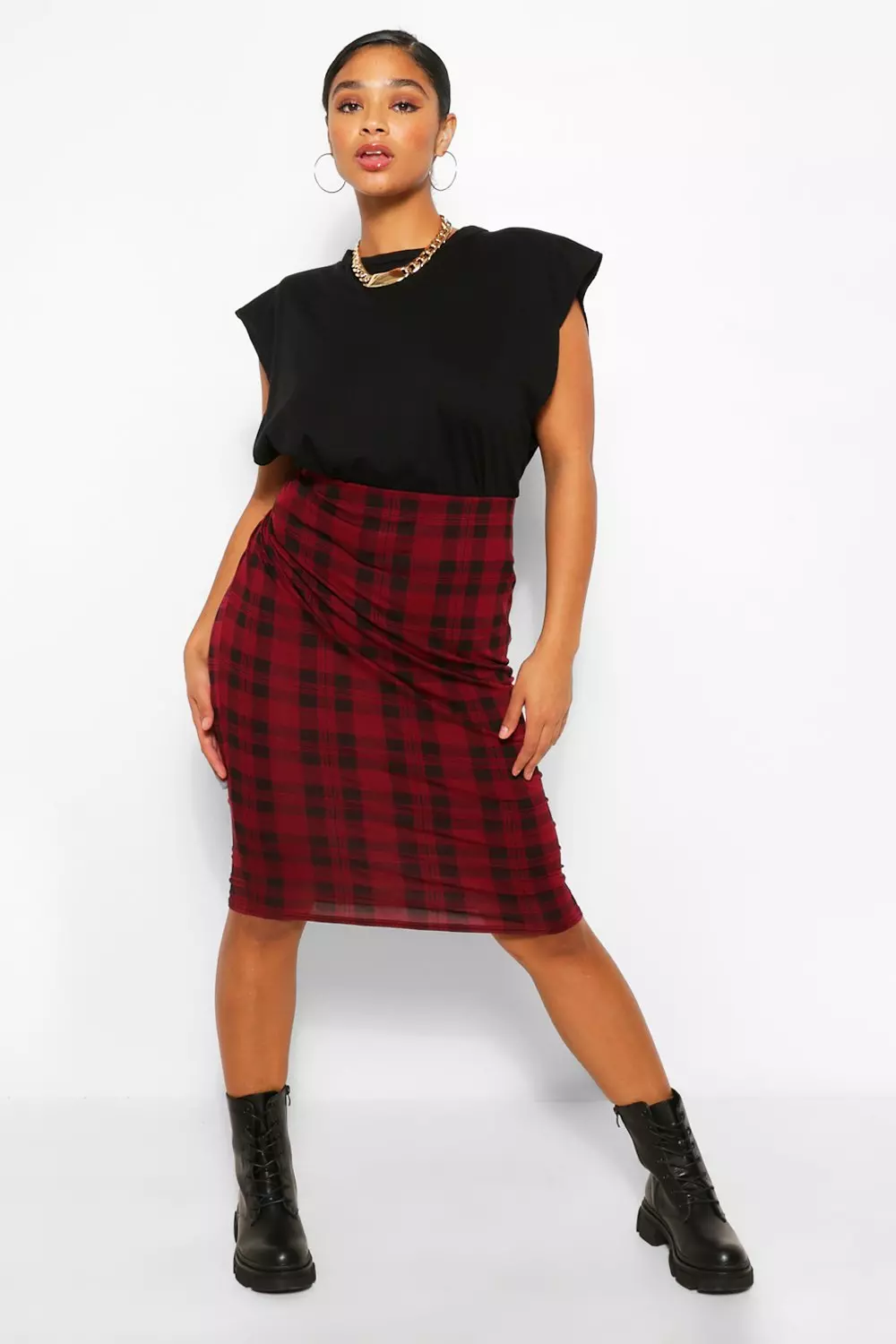 Long red plaid pencil skirt sale