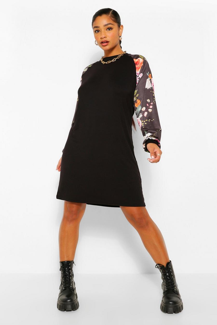 שחור שמלת טישרט פרחונית מבד ג'רסי בצבעים מנוגדים מידות גדולות image number 1