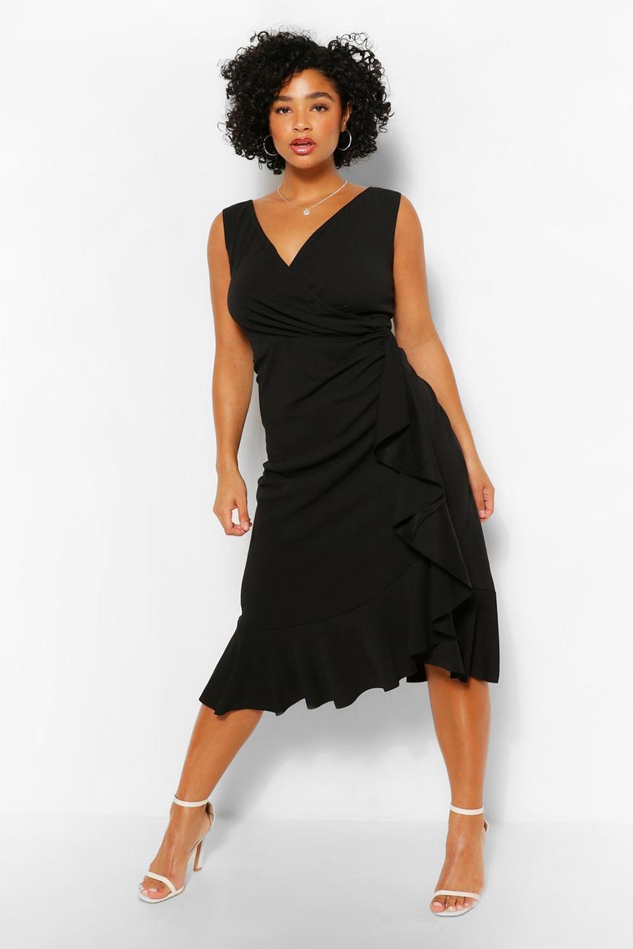 Black Plus Bardot Ruffle Wrap Midi Dress image number 1
