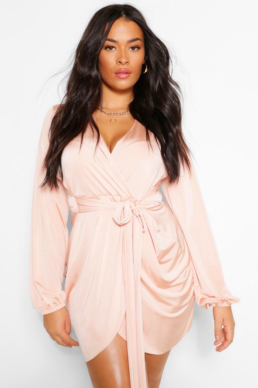 Blush pink Plus Disco Slinky Belted Wrap Dress image number 1