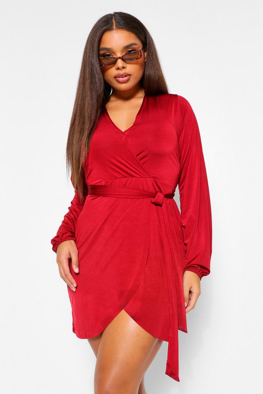 Wine Plus Disco Slinky Belted Wrap Dress image number 1