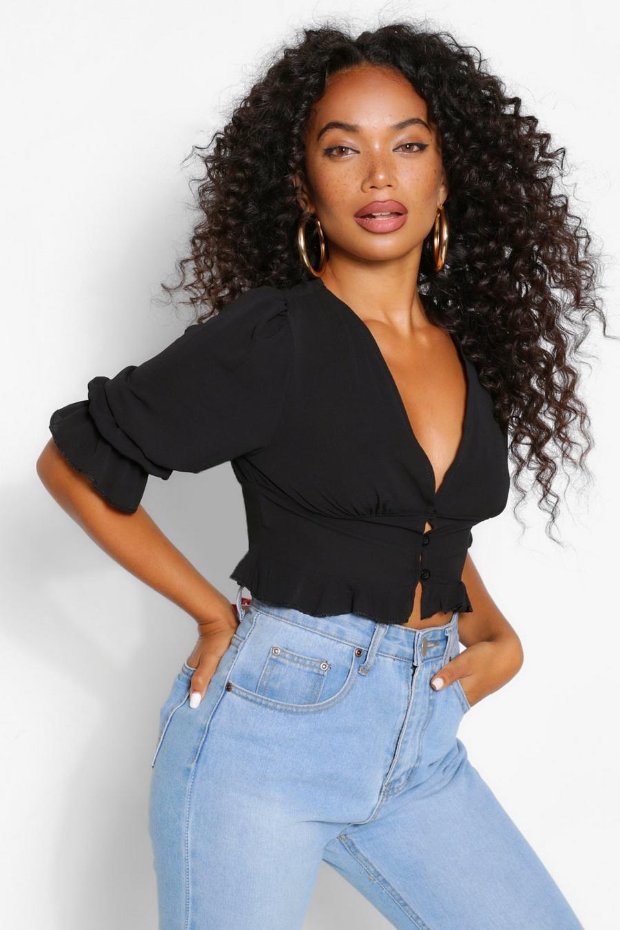 Black Petite Statement Sleeve Cropped Blouse image number 1