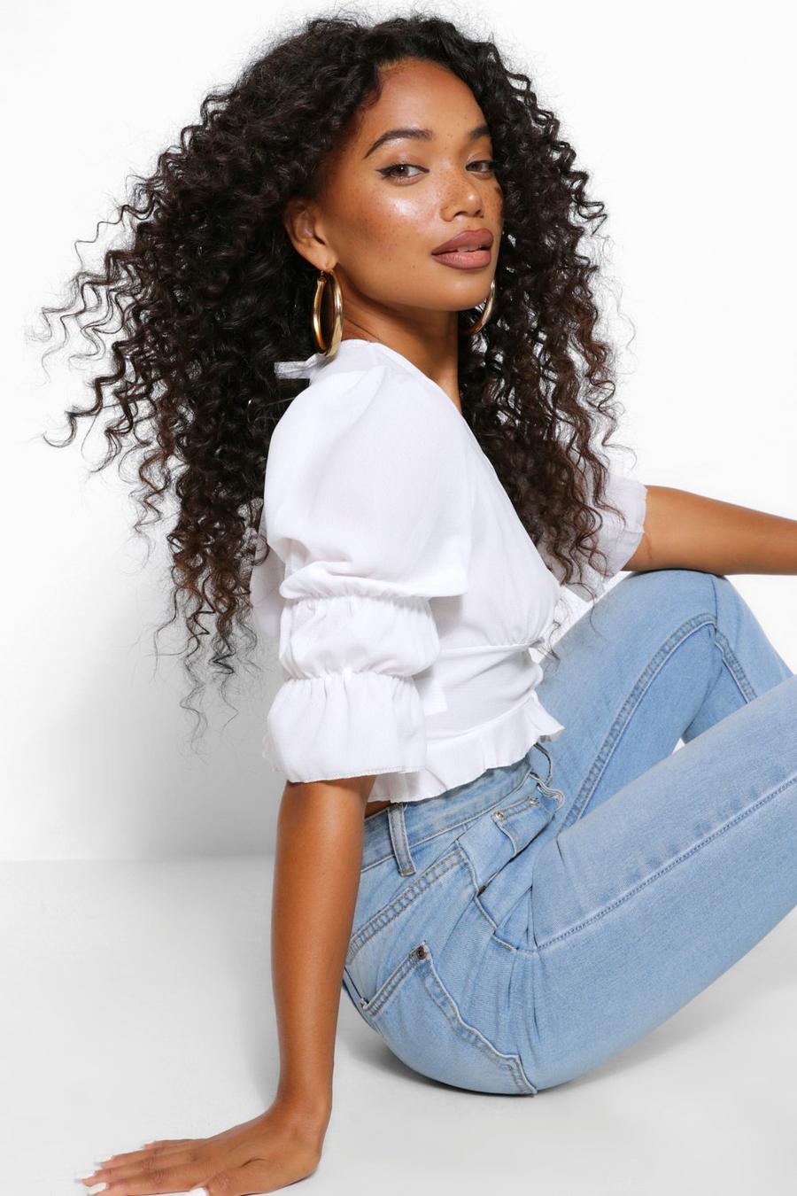 White Petite Statement Sleeve Cropped Blouse image number 1