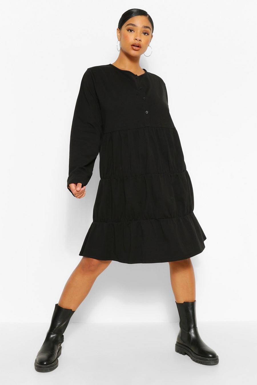 Black Plus Button Detail Tiered Smock Dress image number 1