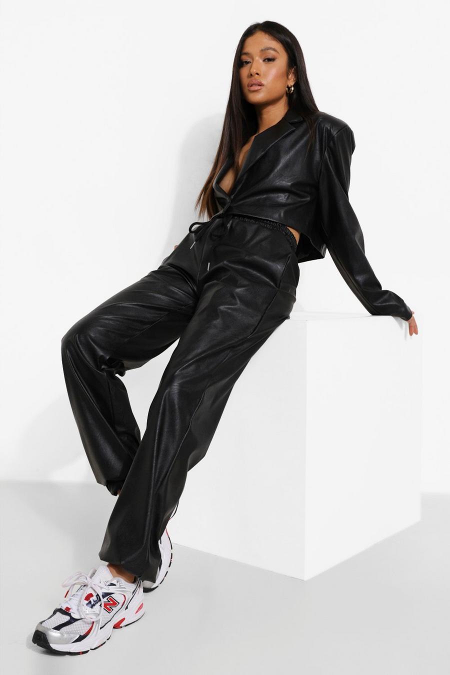 שחור מכנסי ריצה דמויי עור עם קשירה במותן פטיט image number 1