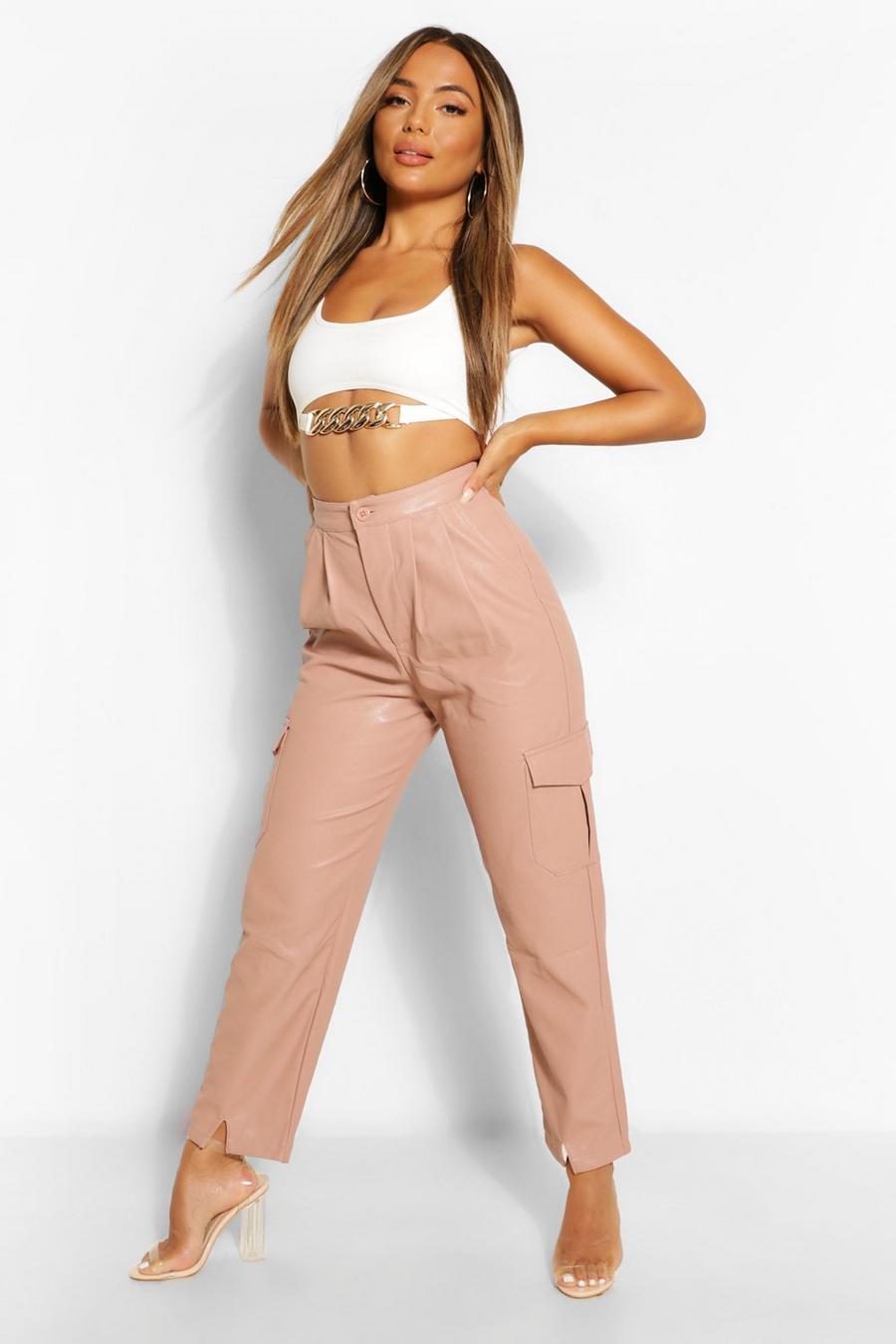 Blush Petite Leather Look Split Front Slim Trousers image number 1