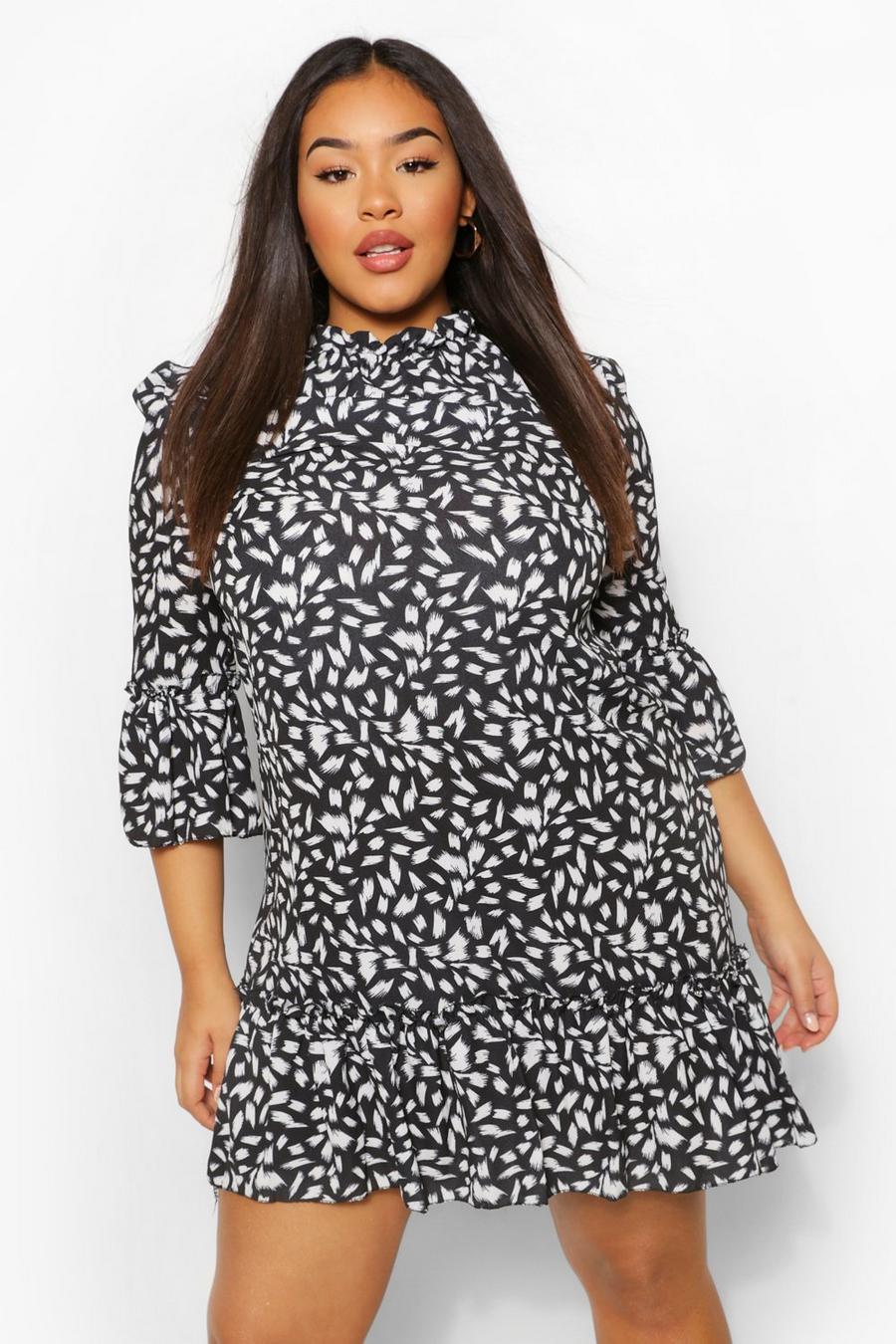 Black High Neck 3/4 Sleeve Smock Dress image number 1