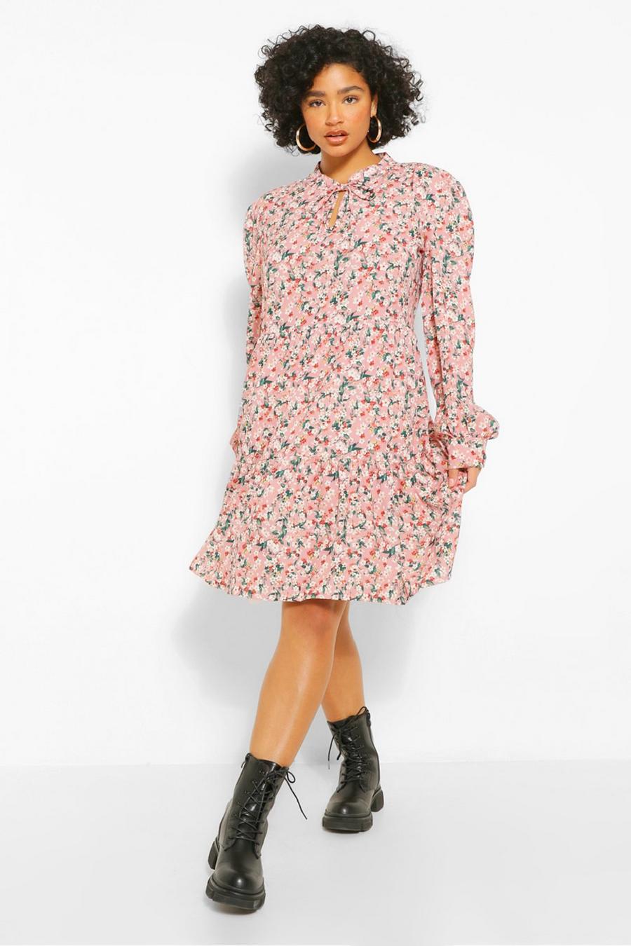 Pink Plus Ditsy Floral Tiered Smock Dress image number 1