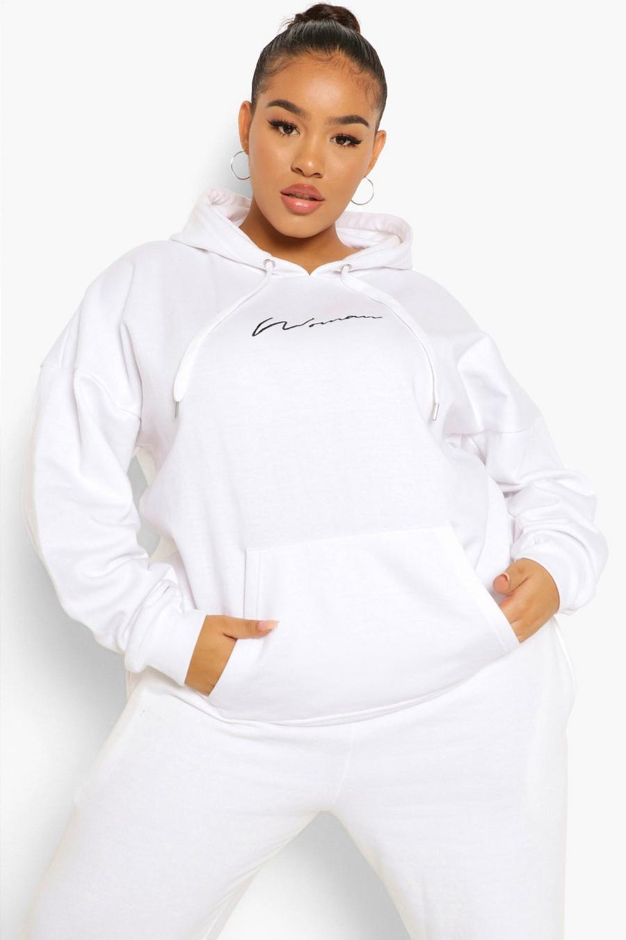 White Plus Embroidered Woman Script Hoodie image number 1