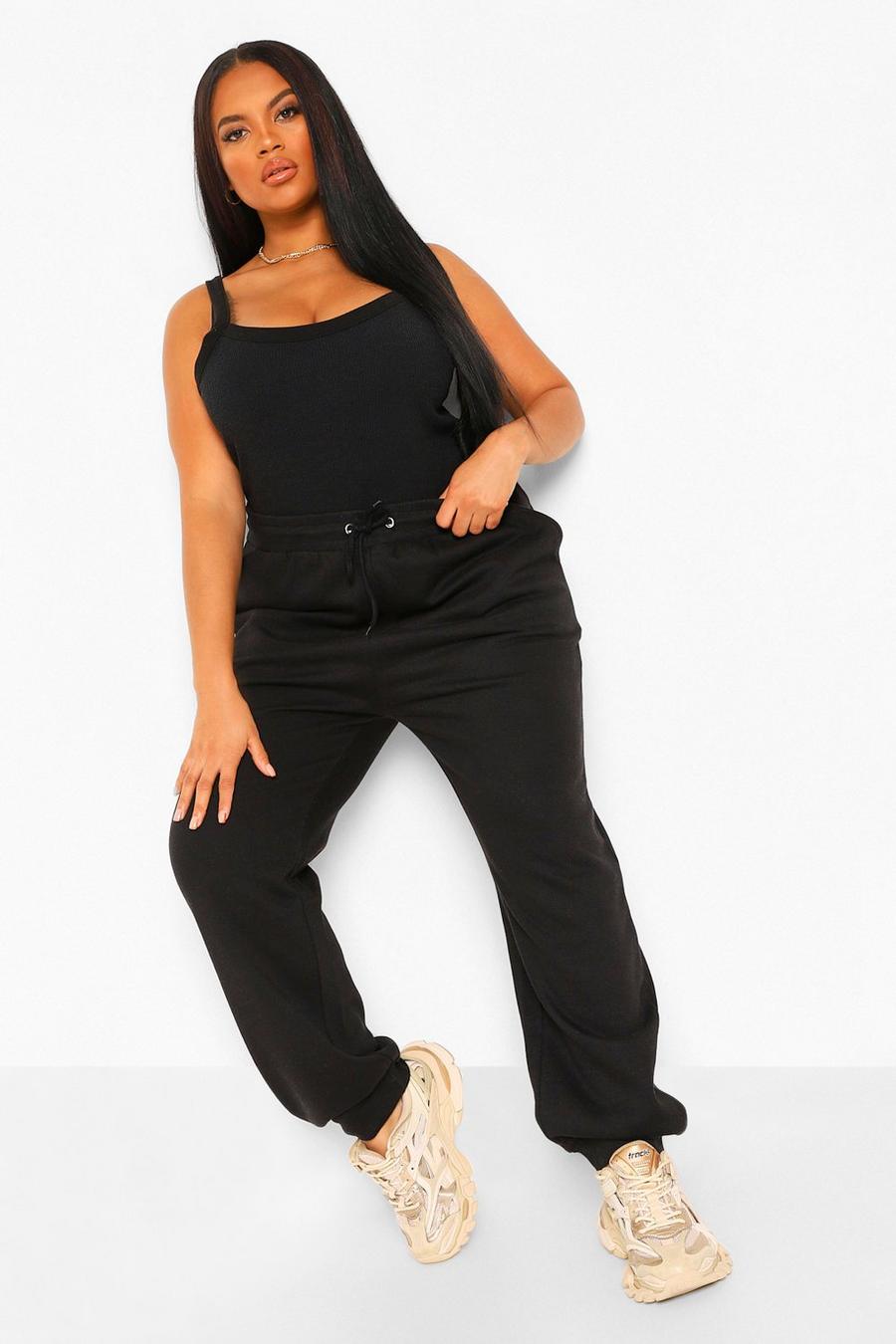 Pantalones de correr con bajos y cintura en canalé con cordón ajustable Plus, Negro image number 1
